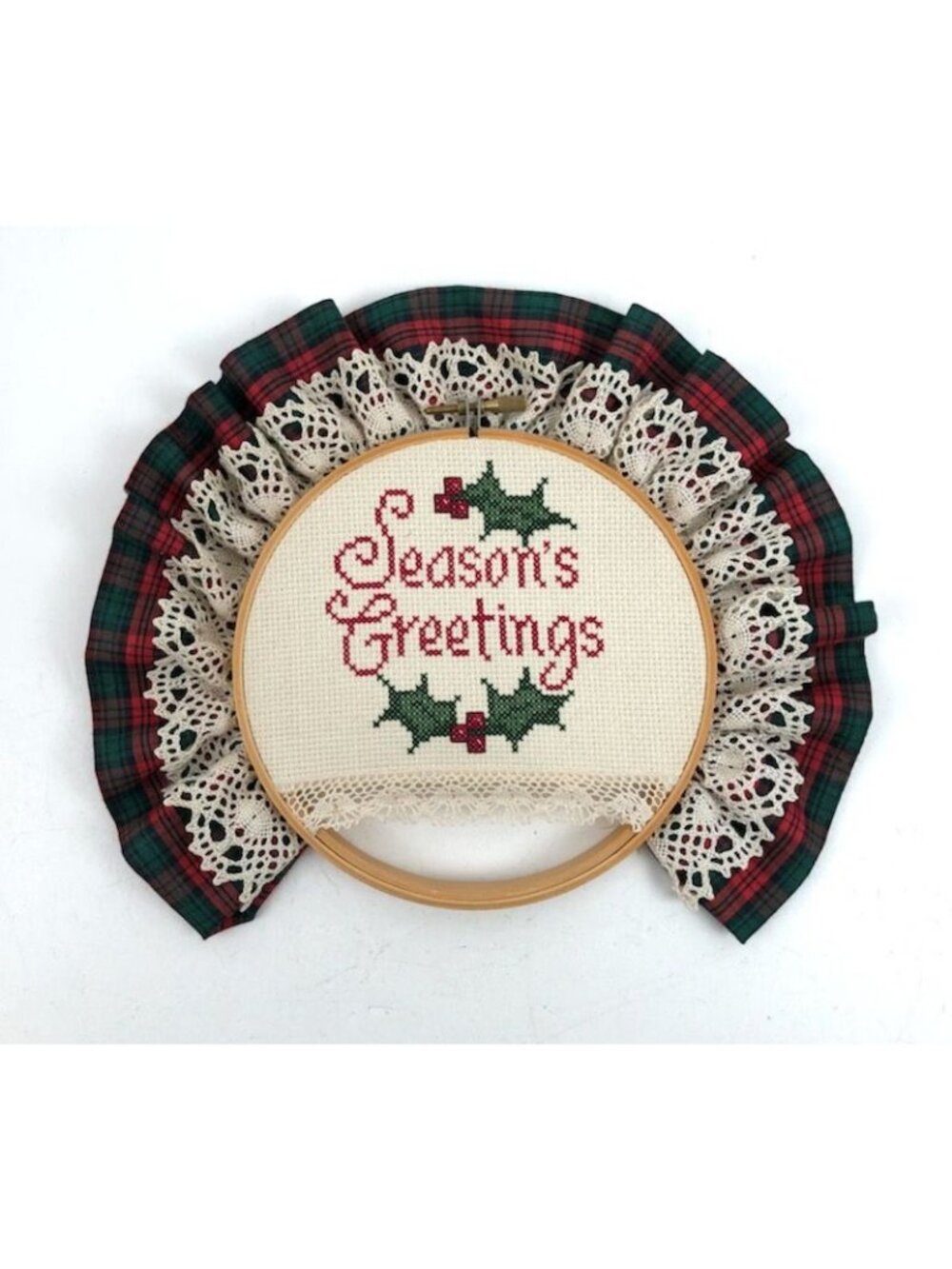 Seasons Greetings Counted Cross Stitch Wood Embroidery Hoop Lace Fabric Trim